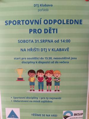 Sportovní odpoledne pro děti 31.8.2024 od 14 hodin na hřišti DTJ Klabava.